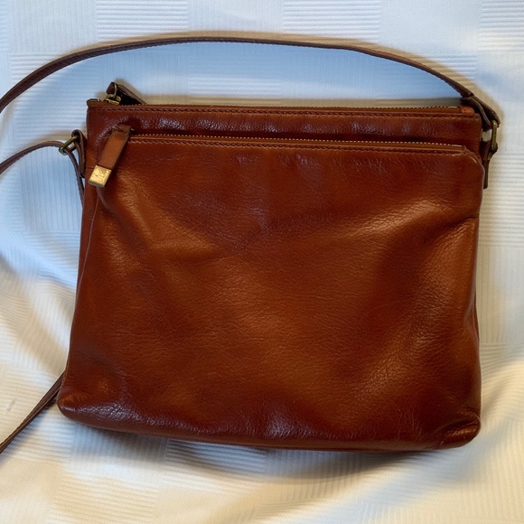 margot Bags Margot Leather Double Zipper Cognac Crossbody Purse Bag